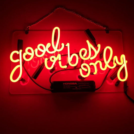 LiQi ™ ' GOOD VIBES ONLY' Real Glass Handmade Neon Wall Signs for Room Decor Home Bedroom Girls Pub Hotel Beach Cocktail Recreational Game Room （14" x 8",RED）