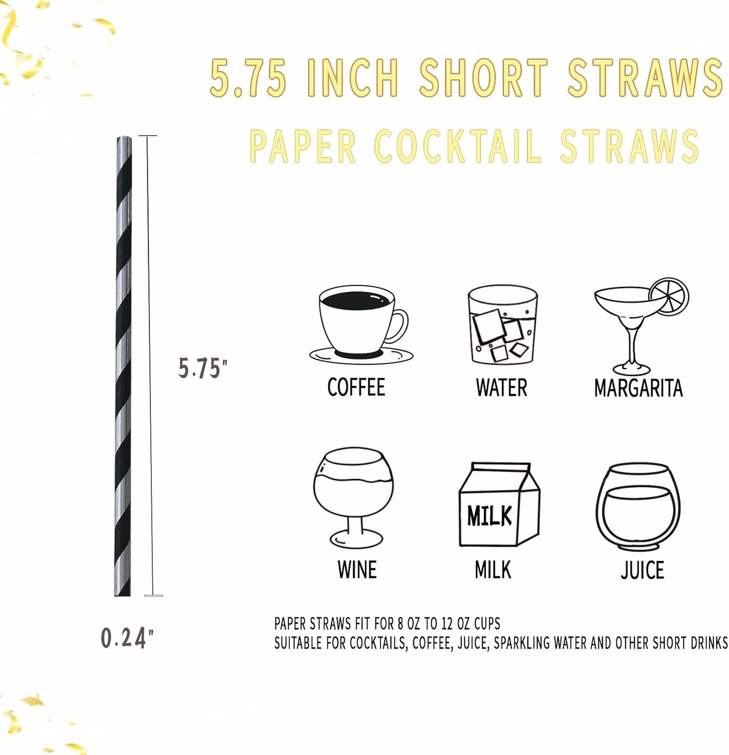 Cocktail Paper Straws - Black Silver Striped Biodegradable Disposable Drinking Straws for Brithday, Wedding, Holiday, Cake Pop Sticks - 5.75 inch