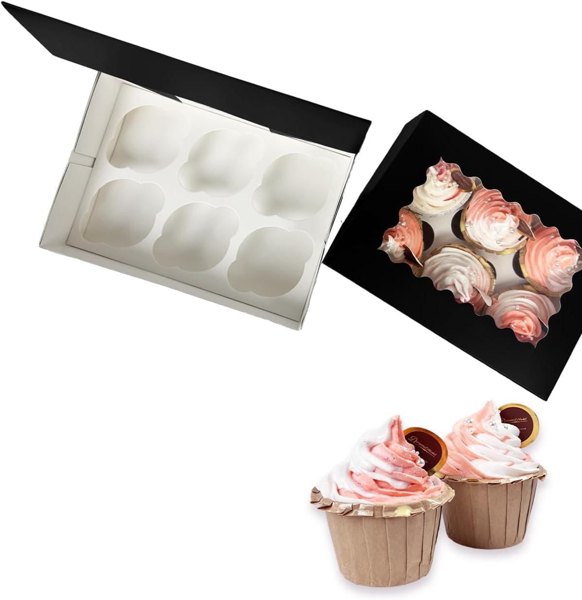 Bakepacker Auto-pop up 6 Cupcake Boxes with Window 20 Count Black Box 9.4 x 6.1 x 3 inch Cupcake Carrier