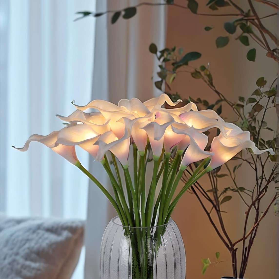20pcs Artificial Calla Lily Bouquet Lamp Faux Floarl Night Light Real Touch Flower Night Lamp LED Calla Lily Artificial Flower Light Home Kitchen Decor(Whitepurple)