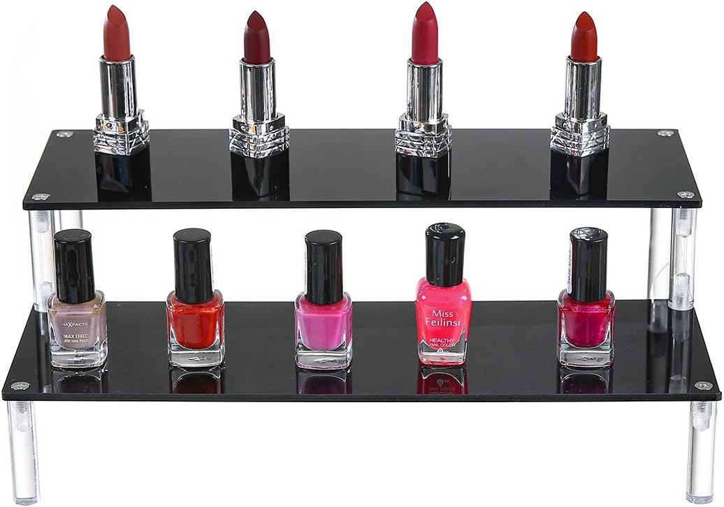 BYCY Acrylic Black 2-Tier Riser Display Shelf for Figures, Desserts Holder, Collections Organizer and Cosmetic Items Shelf (2 Tier 12" X 6.9" X 4.25")…