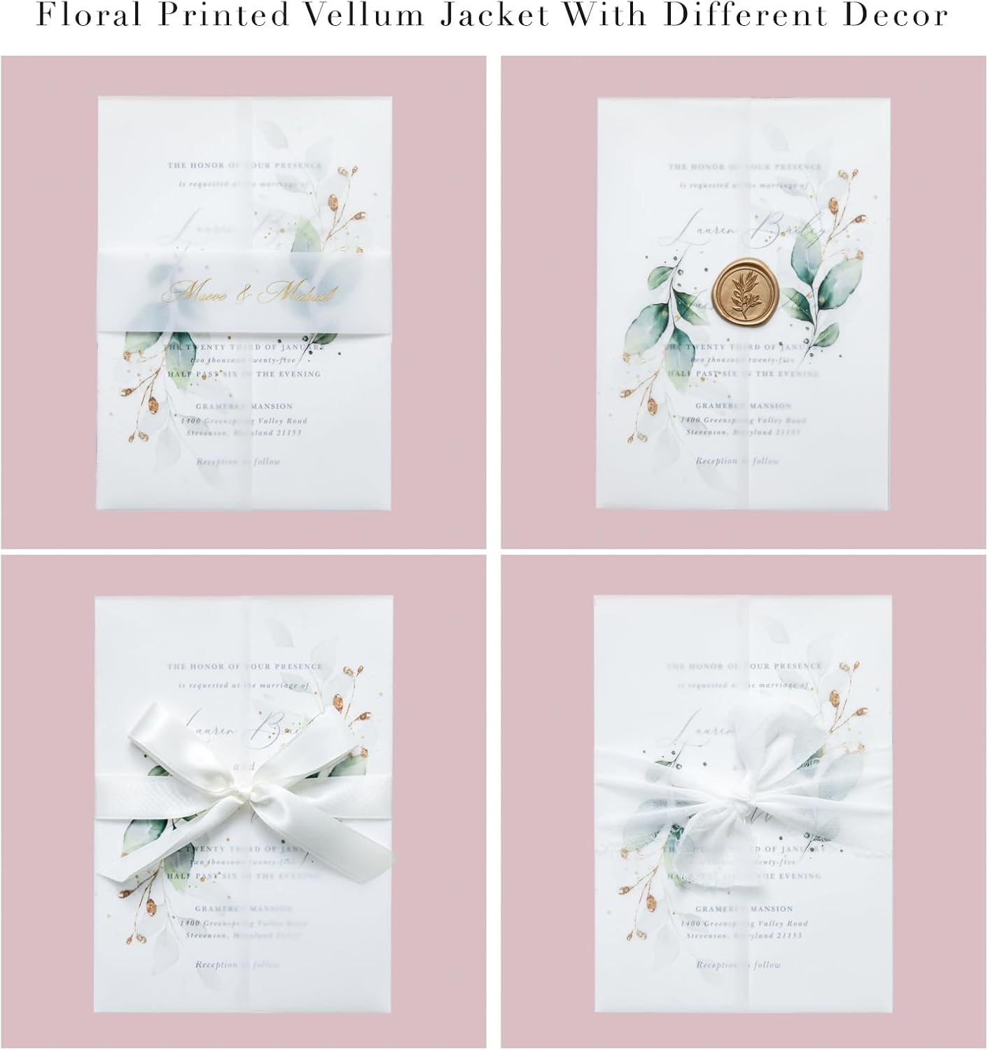 PONATIA 50PCS Vellum Jackets for 5x7 Invitation Cards - 135GSM Green Leaves Vellum Sleeves, 5x7'' Clear Jackets Wedding Invitations Wraps - Transparent Card Jackets