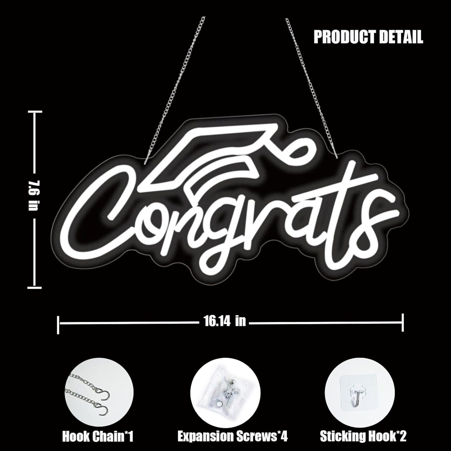 Congrats Grad Neon Sign for Backdrop wall decor，Dimmable USB Powered Light Up Letters for Dorm Walls，White Grad Gifts Sign for Graduation ClassRoom Party bedroom size:16.14 * 7.6 inch