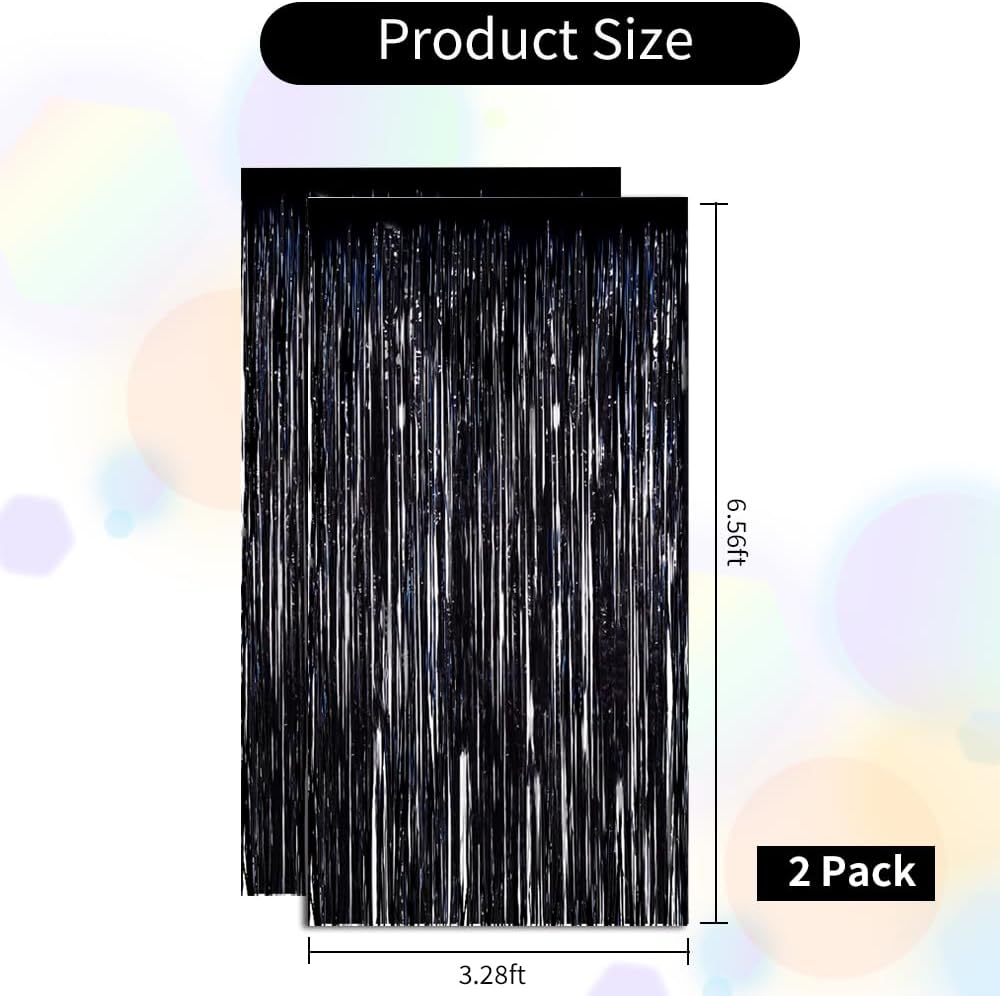 BEISHIDA 2 Pack Foil Fringe Curtain,Black Tinsel Metallic Curtains, Photo Backdrop Streamer Curtain for Halloween Wedding Bridal Shower Birthday Bachelorette Graduation Party Decor(3.28 ft x 6.56 ft)