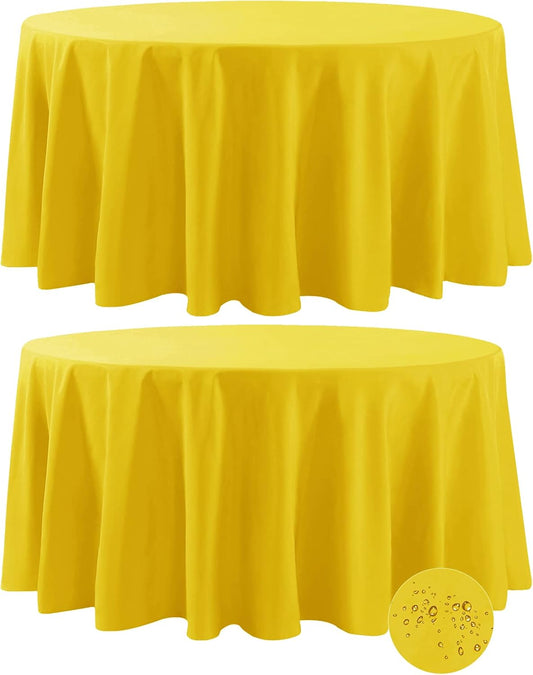 Fokitut 2 Pack Waterproof Round Tablecloth, 120 Inch, Stain Resistant and Wrinkle Polyester Table Cloth, Fabric Table Cover for Kitchen Dining, Wedding, Party, Holiday Dinner-Yellow