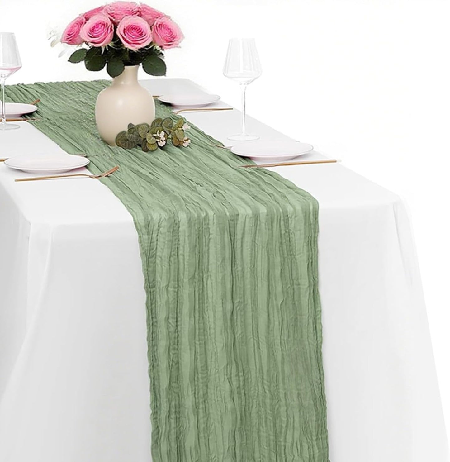 Sage Green Cheesecloth Table Runner -21*120Inch Long Boho Wedding Table Decor, Rustic Gauze Fabric Runner for Bridal Showers, Baby Showers & Parties (Sheer, Lightweight, Wrinkled Design)