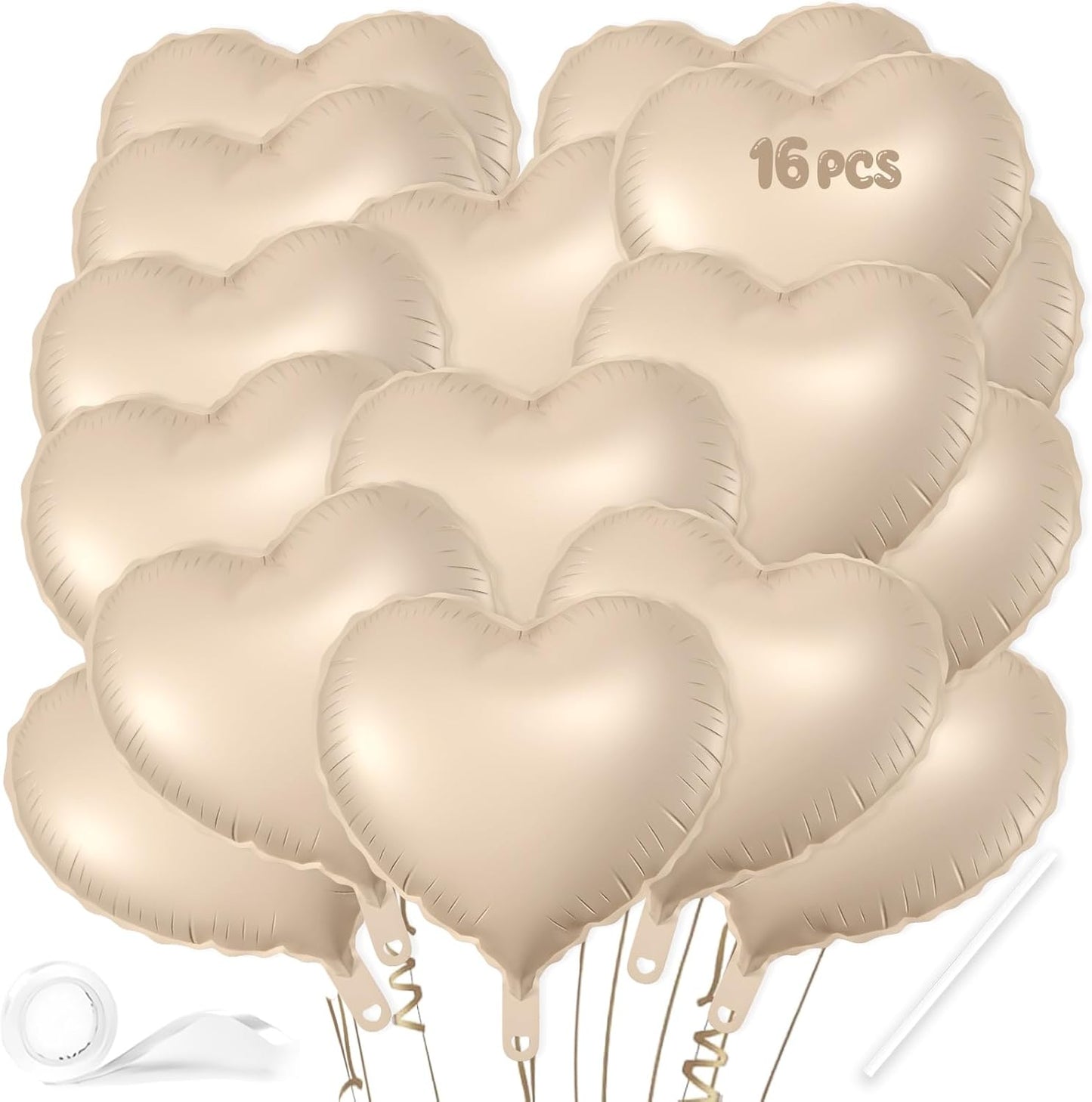 16 Pcs Heart Balloons, 18 Inch Beige Love Heart Shaped Foil Balloons for Wedding Anniversary Birthday Party Valentine Decorations Baby Shower Bridal Shower Engagement Decorations Supplies