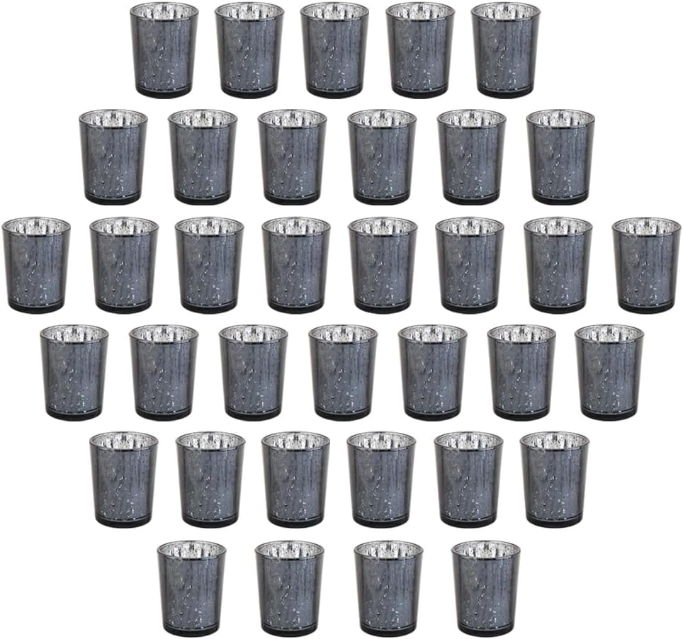 Black Mercury Glass Tea Light Holders Set of 36 - Elegant Votive Candle Holders for Weddings, Showers and Home Decor - Perfect for Table Centerpieces and Parties (Glass, Black)