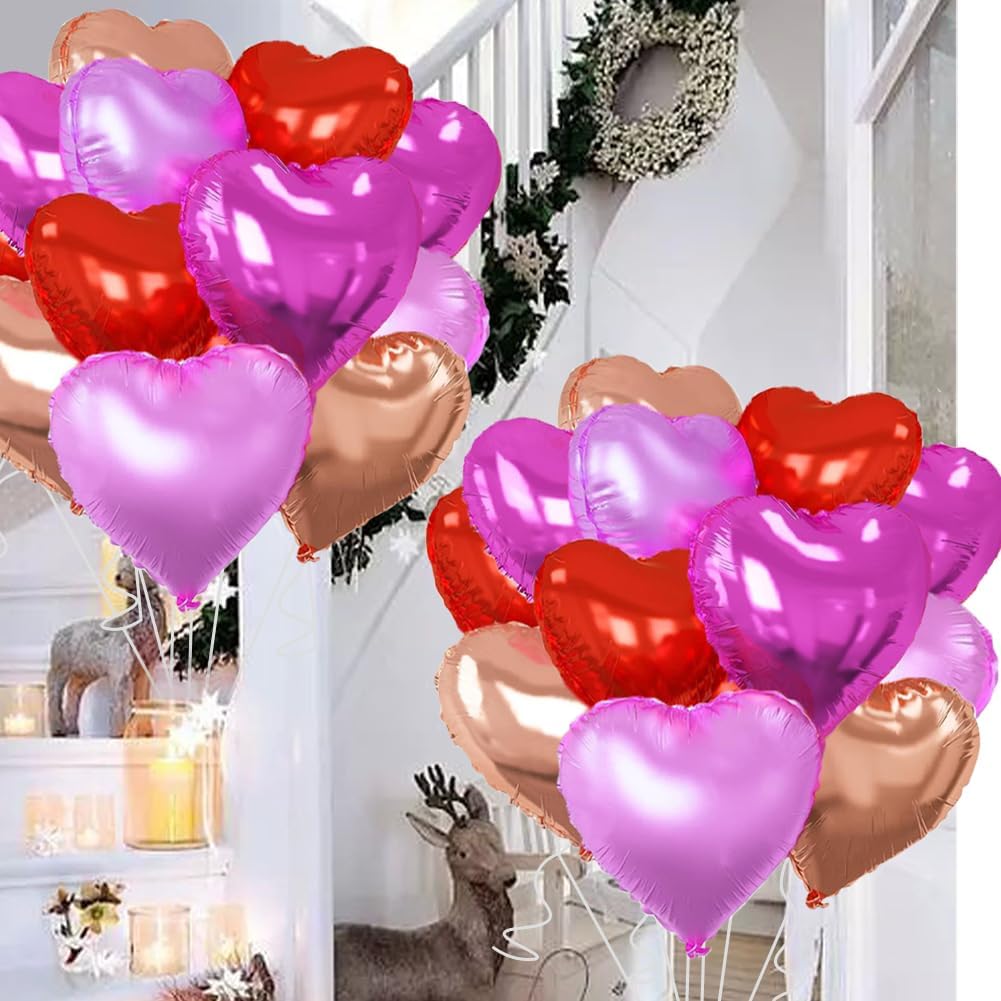 Rose Gold & Red Heart Balloons，18 Inch Purple Foil Love Heart Shaped Balloons for Bridal Wedding Engagement Party Anniversary Birthday Baby Shower Valentines Decorations 12Pcs