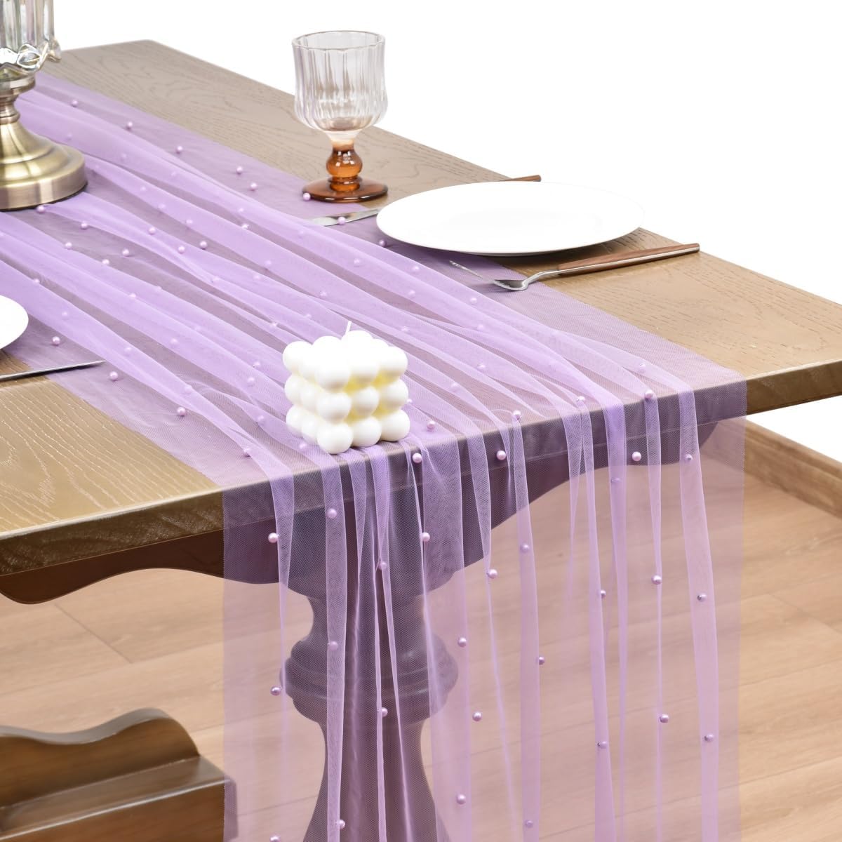 Joanlody Fall Pearl Table Runner 10ft Rustic Boho Tulle Table Runner with Pearls for Baby Shower Wedding Party Veil Dessert Thanksgiving Table Decor Lilac 4pcs