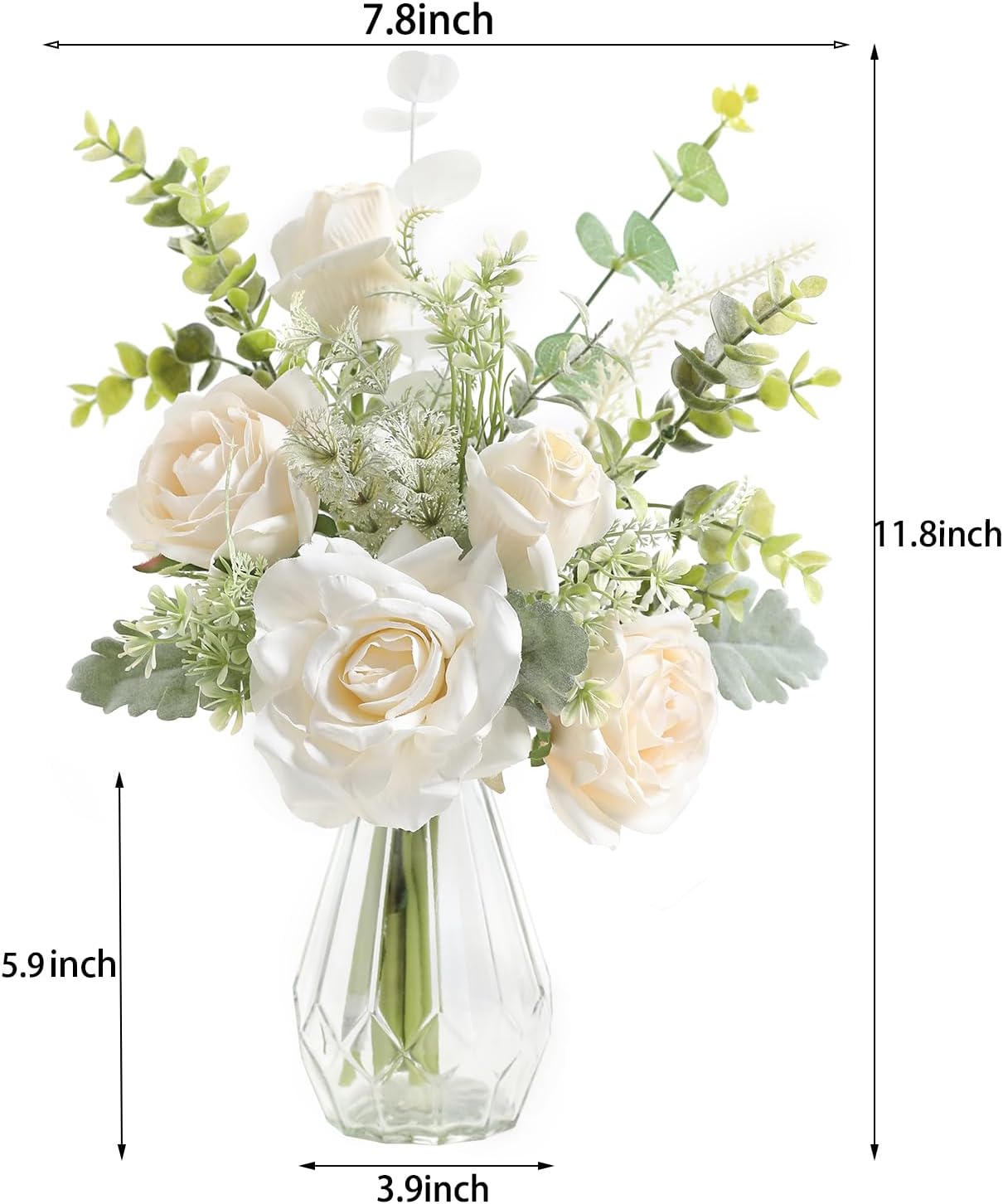 Artificial Flowers with Vase,White Silk Roses and Fake Plant Eucalyptus in Vase,Faux Flower Arrangement with Vase Suitable for Home Office Decoration, Living Room and Dining Table Centerpiece