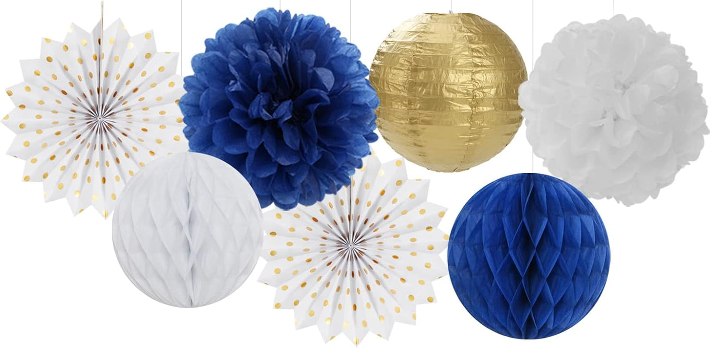 Navy-Blue White Gold Party Decorations - 14pcs Kits Paper Lanterns Fan,Tissue Flower Pom Poms Streamers,Honeycomb Balls,Graduation 2025 Men Birthday Wedding Baby Bridal Shower Decor Lasting Surprise