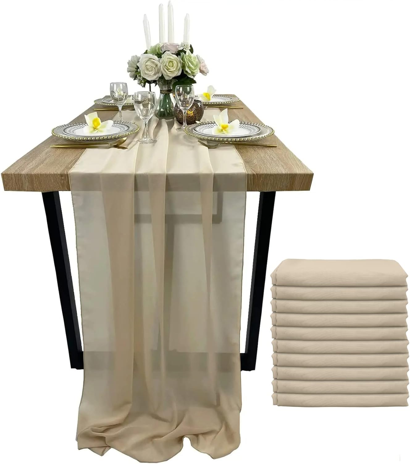 EHLDekol 10 Packs Chiffon Table Runners 27 x 120 inches Romantic Sheer Wedding Table Runner Top Table Bridal Party Decoration