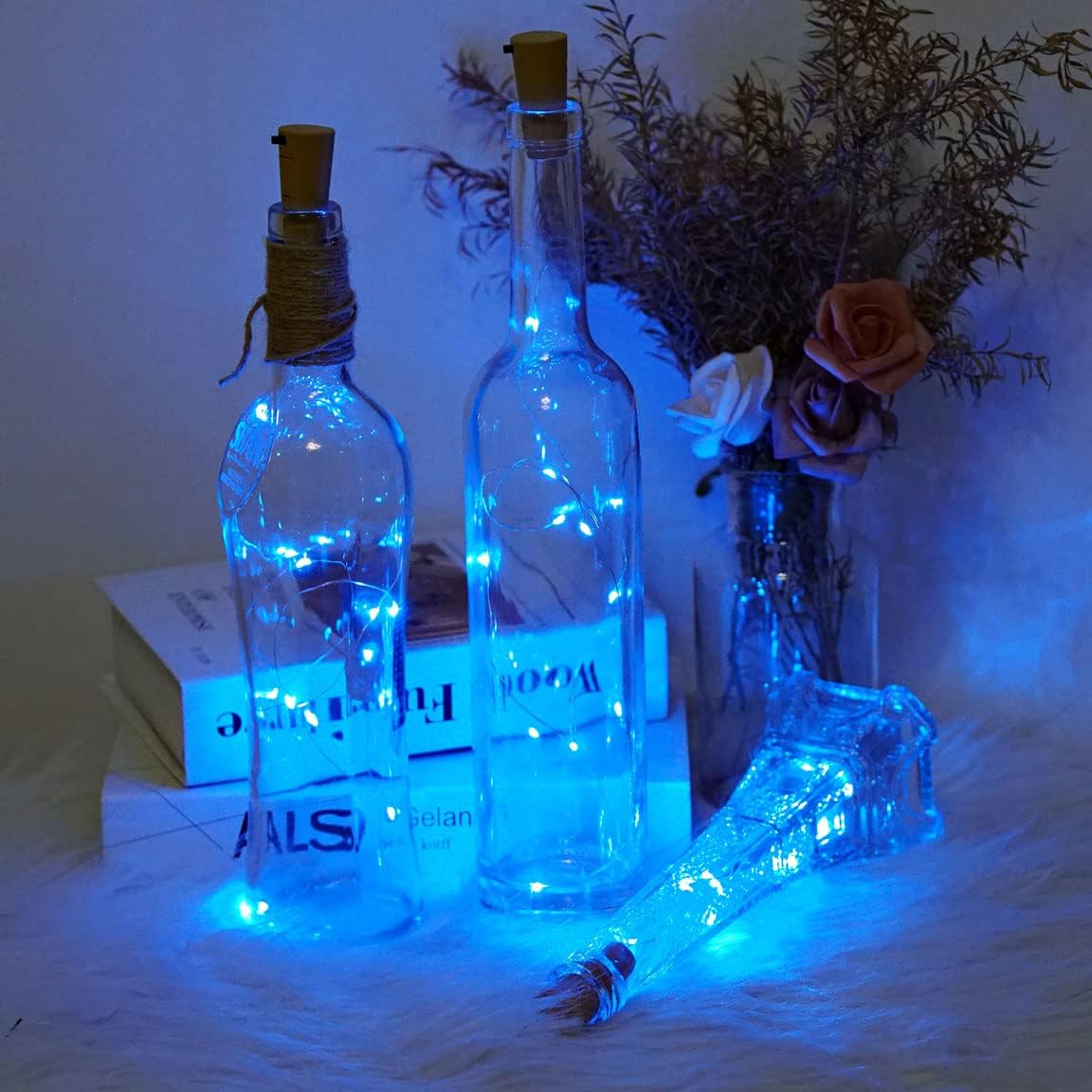 Wine Bottle Lights with Cork 15Pack 10 LED 40 Inches Battery Operated Silver Wire Liquor Fairy Mini String Lights for Party Christmas Halloween Wedding Decoration (Blue)
