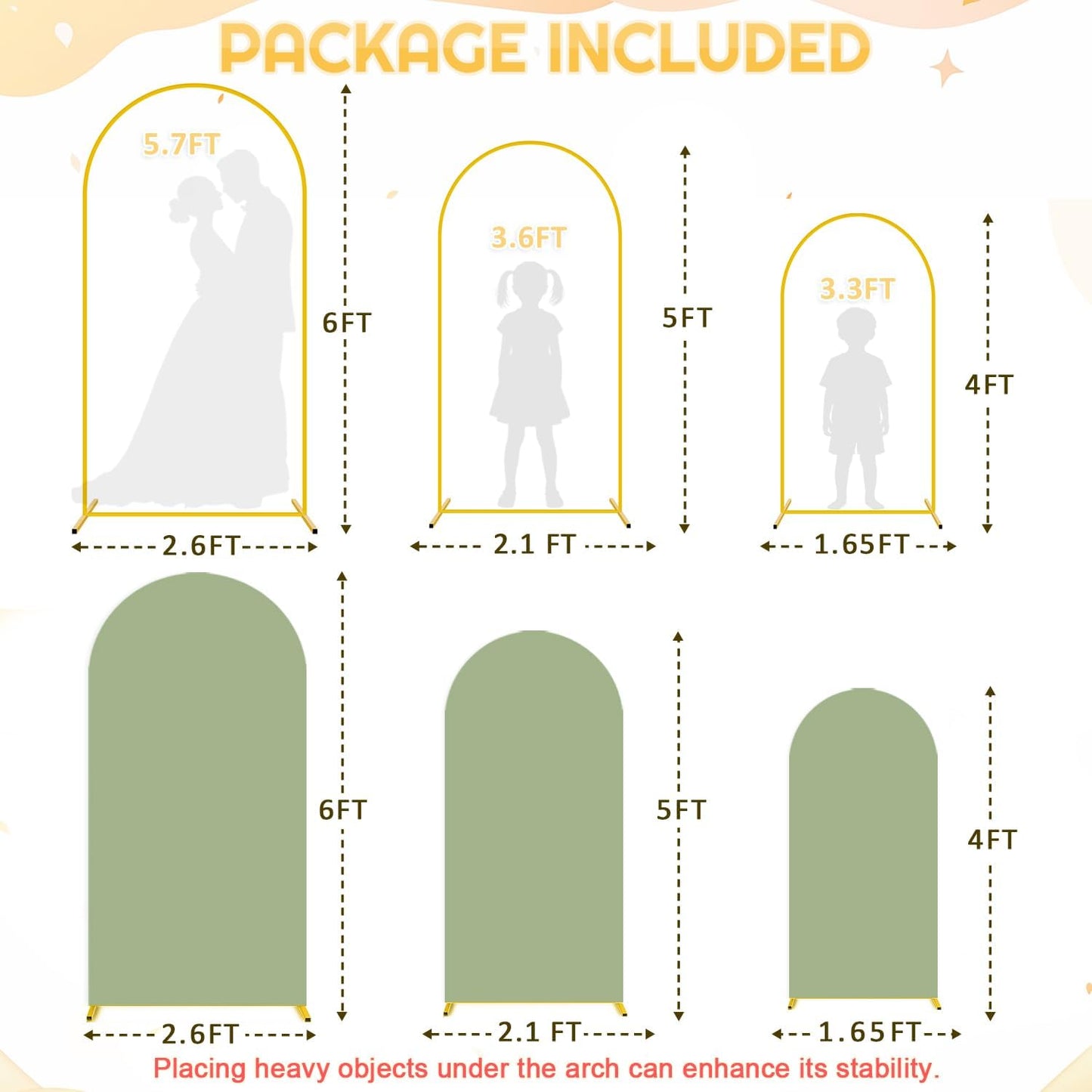 FUHSY Wedding Arch Backdrop Stand and Sage Green Arch Cover Set of 3 (6FT, 5FT, 4FT) Metal Arches Stable Frame Stands with Spandex Backdrop Cover for Birthday Party Bridal Baby Shower Decor