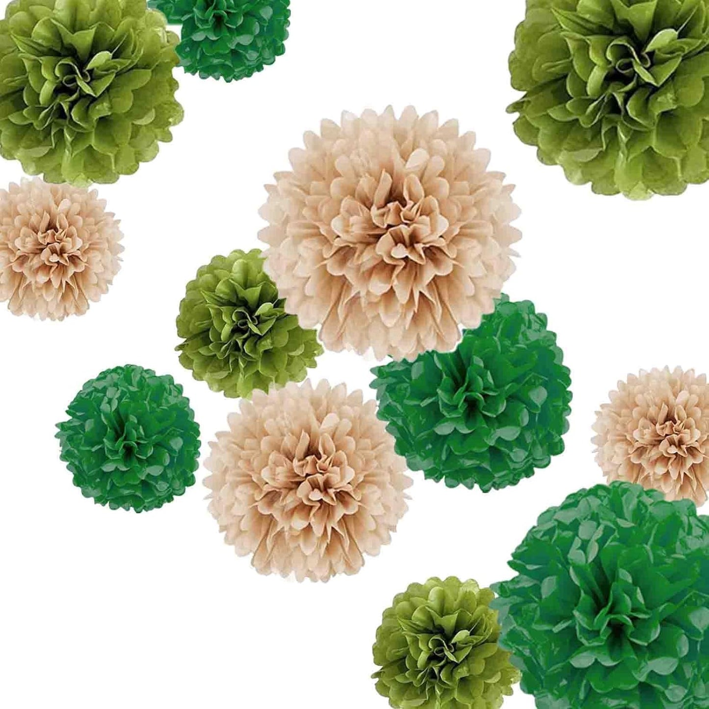 Olive Sage Green Tissue Paper Pom Poms-Tan Boho Tissue Paper Flowers-12PC Wall Hanging Decorations for Wild Safari Jungle Botanical Greenery Neutral Wedding Baby Shower Decorations
