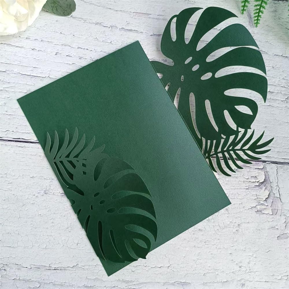MillaSaw Emerage Green Laser Cut Invitation, Plame Wedding Laser Cut Jacket for 5x7 Card, Tropical Scene Wedding Invitation (emerage green)