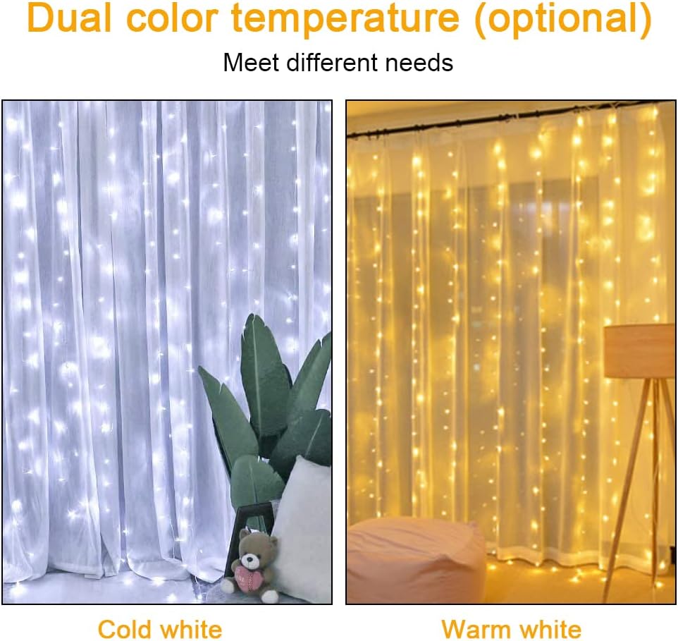Vicloon Fairy Curtain Lights,300 LED White Curtain Lights,8 Modes 9.8×9.8Ft Waterproof Window Curtain String Light USB&Battery Powered with Remote Control,String Lights Curtain for Indoor,Outdoor