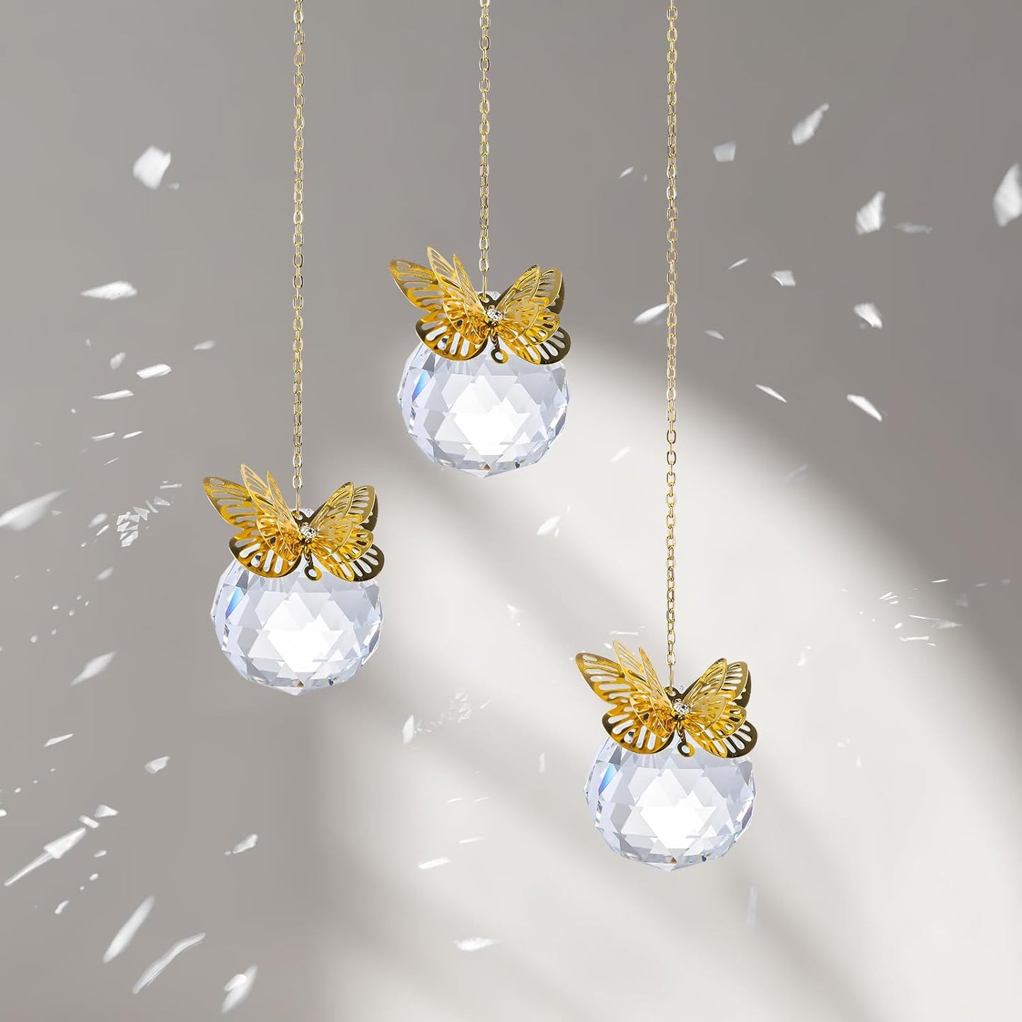 Crystal Suncatchers Gold Butterfly 40mm Crystal Prisms Ball Rainbow Maker with Chain for Window Hanging Decoratioin 3 Pack