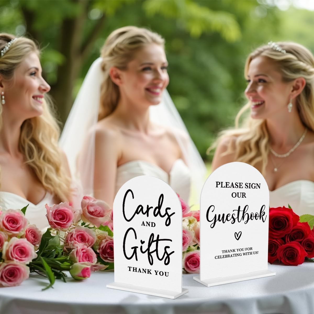 2 Pcs Acrylic Wedding Signs for Ceremony and Reception, Bridal Shower Decorations, Cards and Gifts Signs, Guest Book Sign, Arch Acrylic Table Top Sign with Holder for Wedding Reception (White)