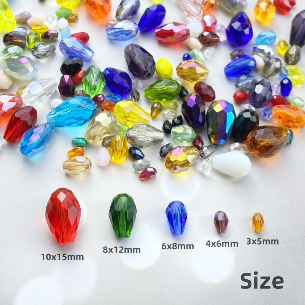 200pcs 3x5mm Teardrop Crystal Glass Beads Vertical Hole Faceted Loose Spacer Beads for DIY Craft Jewelry Making Necklace Bracelet Earring Wind Chimes(Mix Colors Series)