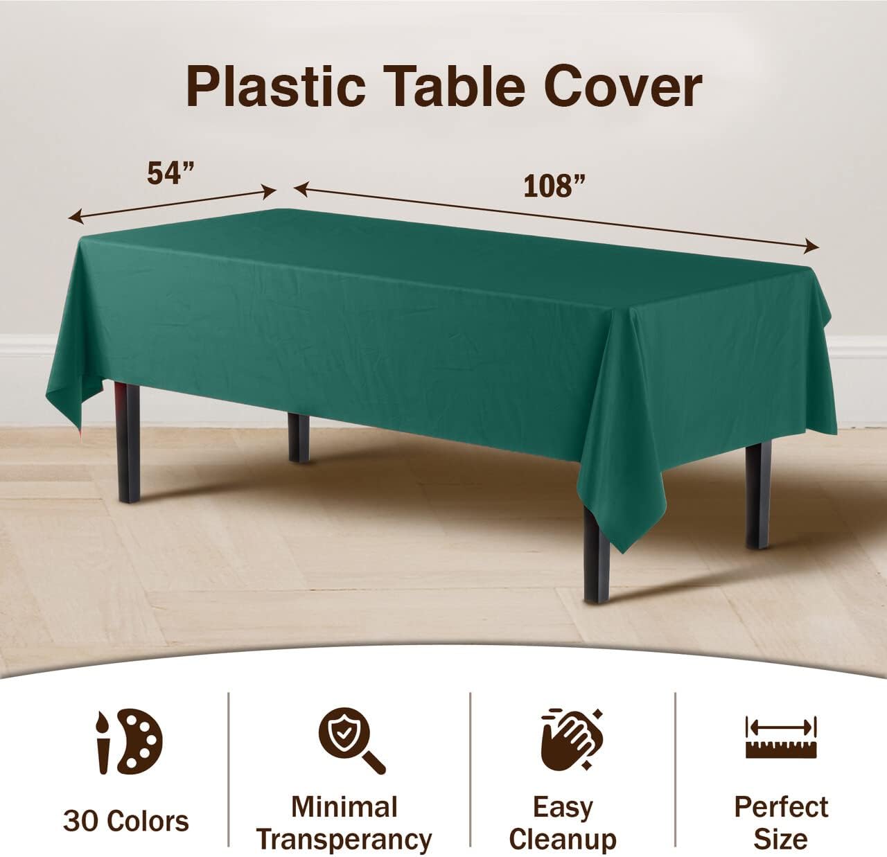 Exquisite 12-Pack Premium Plastic Tablecloth 54in. x 108in. Rectangle Table Cover - Dark Green