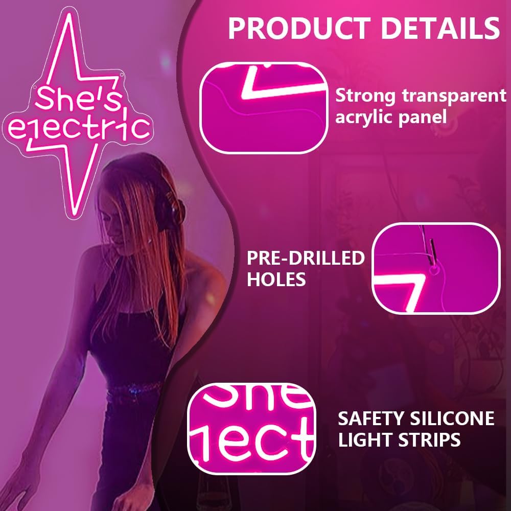 Lightning Bolt Light Up Signs for Wall Decor,Pink She's Electric Neon Sign for Birthday Live Music Concert Bedroom Club Party,Music LED Gift for Girls Teens Men Women USB Powered（15"*10.8"）