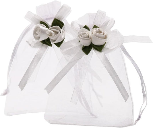 SumDirect Rose Organza Gift Bags - 50Pcs 4x5 inch White Wedding Favor Gift Bags, Jewelry Pouches with Drawstring for Party Wedding Christmas Valentine