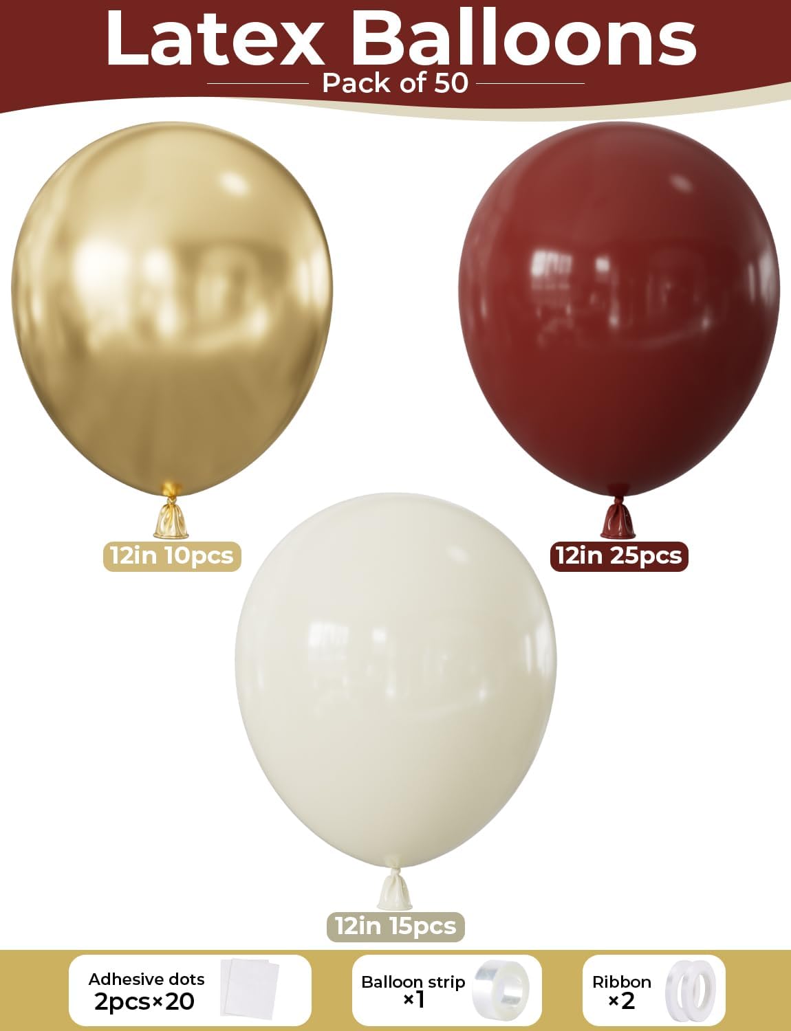 Burgundy and Gold Balloons - Maroon Balloons 12 Inch Glitter Metallic Gold Balloon White Sand Latex Balloon for Wedding Bridal Shower Birthday Anniversary Wine Party Decorations, 50 PCS