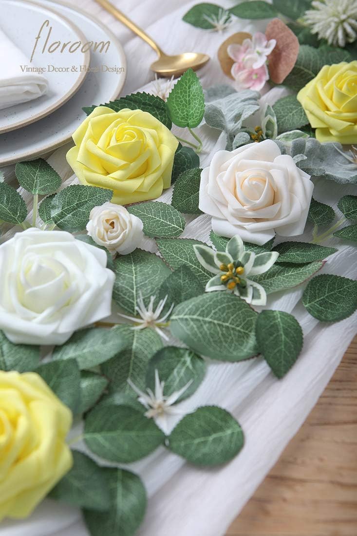 Floroom Artificial Flowers 50pcs Real Looking Canary Yellow Foam Fake Roses with Stems for DIY Wedding Bouquets Bridal Shower Centerpieces Floral Arrangements Party Tables Home Decorations