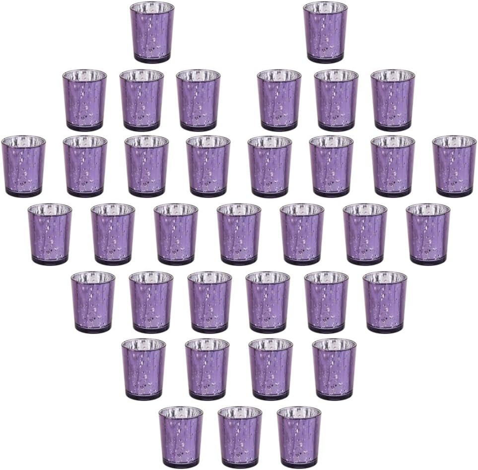 Purple Mercury Glass Tea Light Holders Set of 36 - Elegant Votive Candle Holders for Weddings, Showers and Home Decor - Perfect for Table Centerpieces and Parties (Glass, Purple)