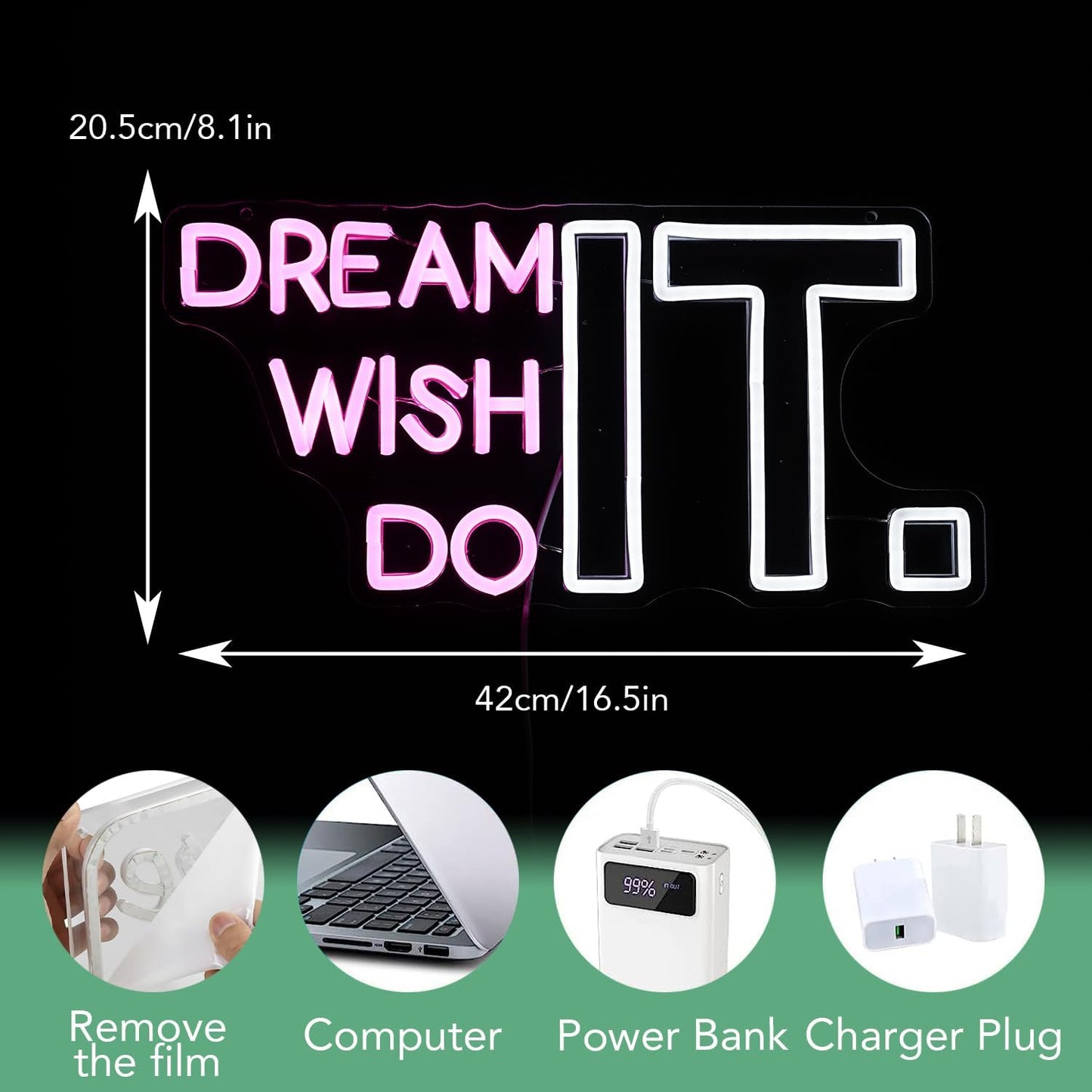 Dream It Wish It Do It Neon Sign Dimmable Letters Neon Light Signs for Wall Decor USB Power Pink White Neon Light for Bedroom Led Neon Sign for Studio Office Bar Gifts