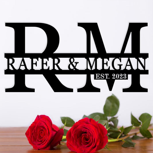 TNATUR Personalized Metal Sign - Custom Last Name Monogram - Split Letter - Family Door Hanger - Outdoor Wedding Gift - 12inch x 5.78inch Steel Sign