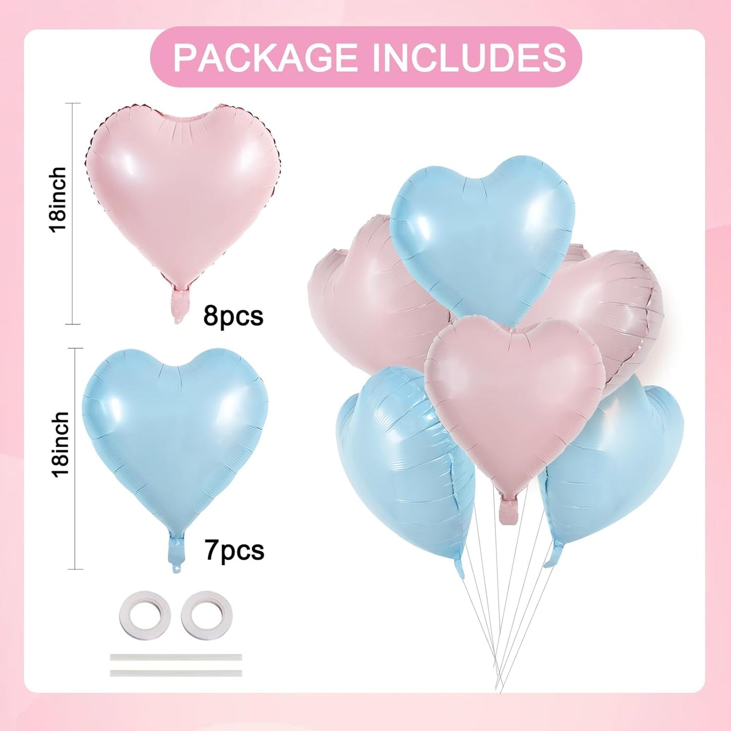 TONIFUL 15Pcs 18 Inch Heart Balloons Pastel Pink Blue Heart Shape Foil Mylar Balloons Decoration for Baby Shower Wedding Bridal Shower Anniversary Engagement Birthday Party Supplies