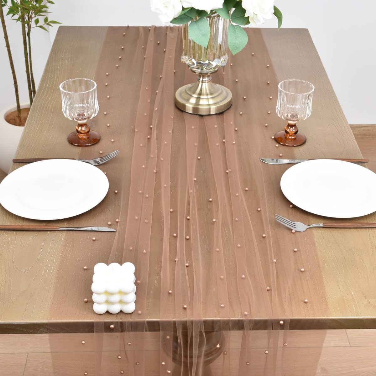 Joanlody Fall Pearl Table Runner 10ft Rustic Boho Tulle Table Runner with Pearls for Baby Shower Wedding Party Veil Dessert Thanksgiving Table Decor Coffee 4pcs