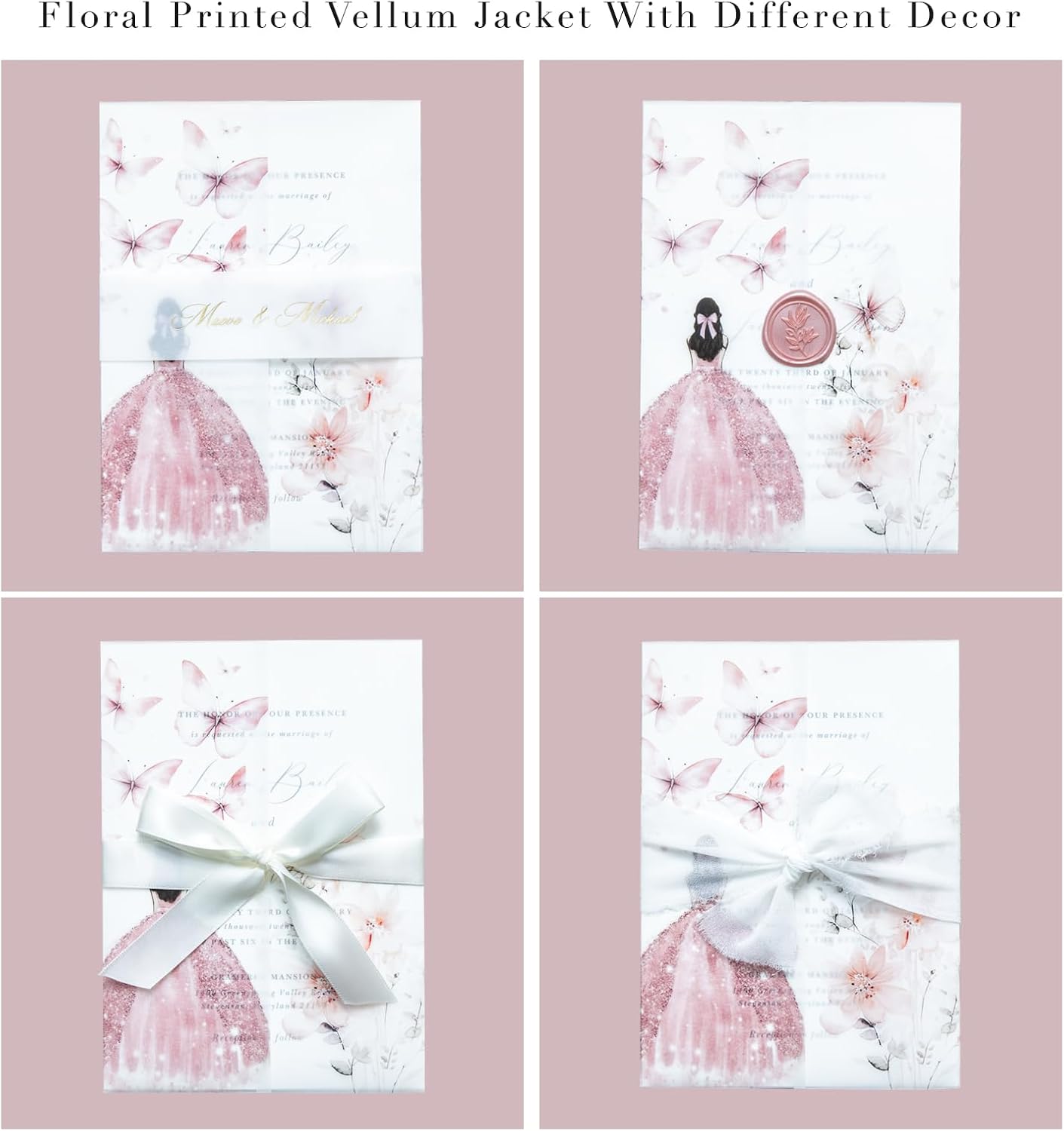 PONATIA 50 PCS Vellum Jackets for 5x7 Invitations - 135GSM Pink Girl Vellum Jacket Sleeves - Butterfly Quinceanera Invitations Wraps for XV Anos