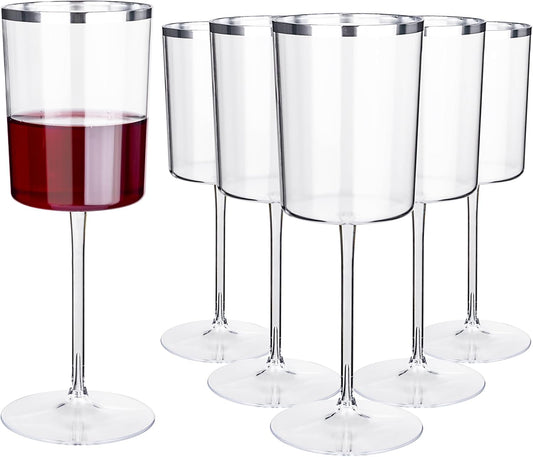 Ciaell 12 Pack Plastic Wine Glasses - 10 Oz Plastic Wine Glasses with Stem - Square Silver Disposable Stemmed Glass for Parties & Weddings & Outdoors