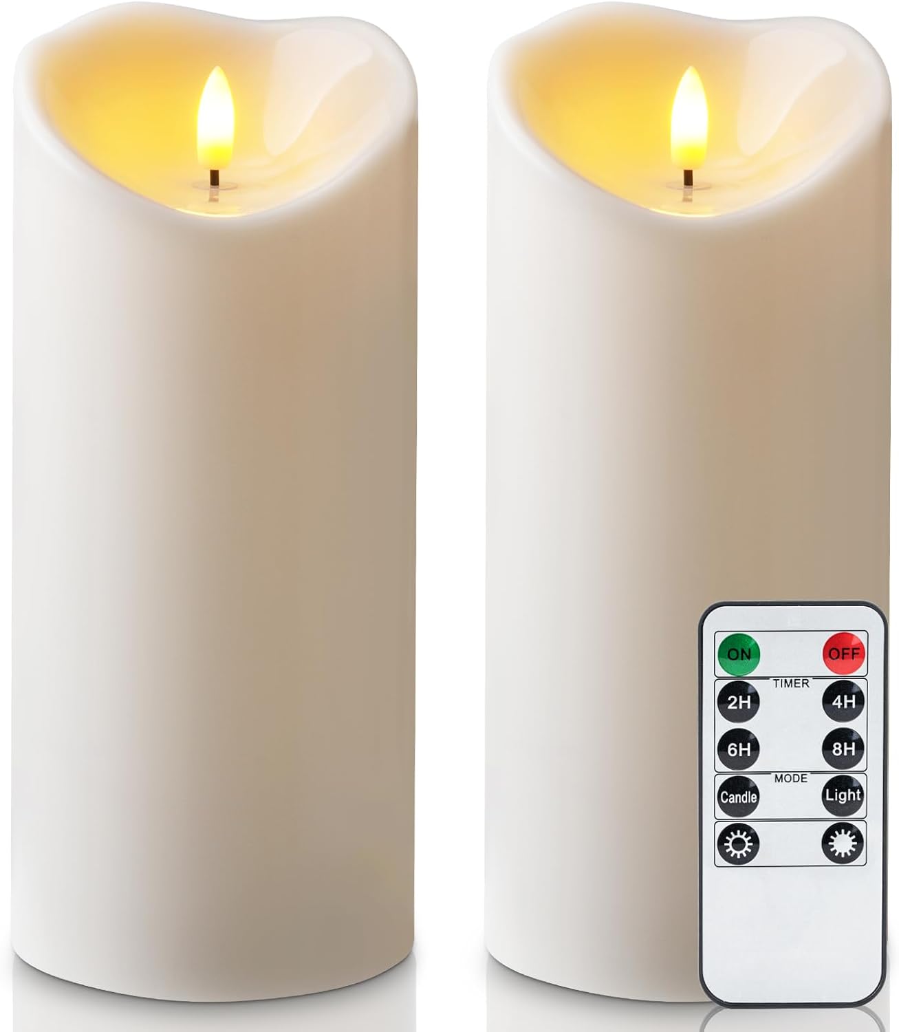 Amagic 4” x 9” Large Outdoor Waterproof Flameless Candles with Remote, Battery Operated Candles with Timer, Flickering Fake LED Pillar Candle for Patio Yard Porch Decor, Ivory White, Set of 2