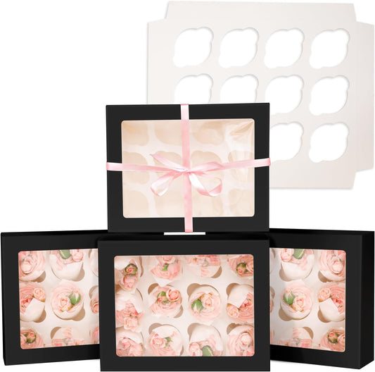 Bakepacker Auto-pop up 12 Cupcake Containers 6-Packs Black Cupcakes Carrier, 12 Cupcake Boxes with Window 13"x10"x3.5"