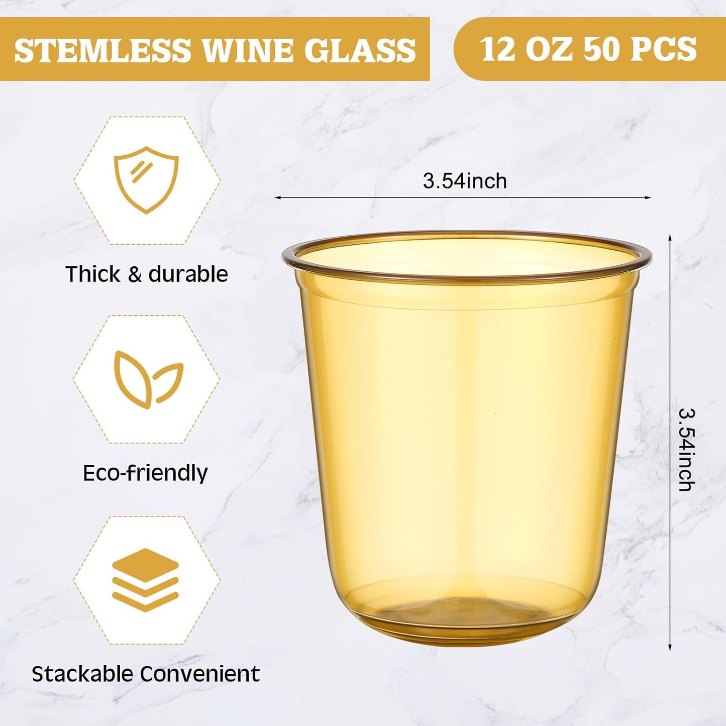 50pcs Disposable Stemless Glasses 12oz Crystal Plastic Wine Glasses Clear Classic Pet Cup for Meeting Weddings Birthdays Cocktail Christmas Party Supplies (Gold)