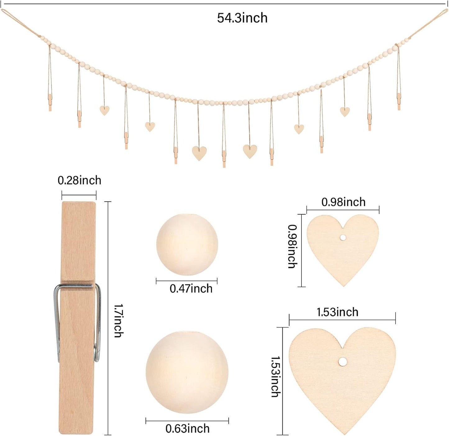 Hanging Photo Display Room Wall Decor, Boho Collage Picture Frame Christmas Cards Holder, Photo Hanger with 9 Wood Clips and 6 Wooden Hearts Tags for Home, Bedroom, Office, Nursery, Dorm Decor (3)