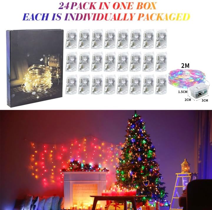 ZGWJ 24 Pack Fairy Lights Battery Operated, 7ft 20 Mini LED Fairy String Lights Silver Wire 3 Modes for DIY, Parties, Wedding, Bedroom, Halloween Christmas Decoration Multicolor