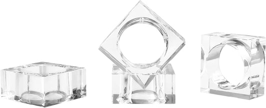 Crystal Napkin Holder Rings Square Design, Christmas Decorations for Dinner Clear 2" Set of 4