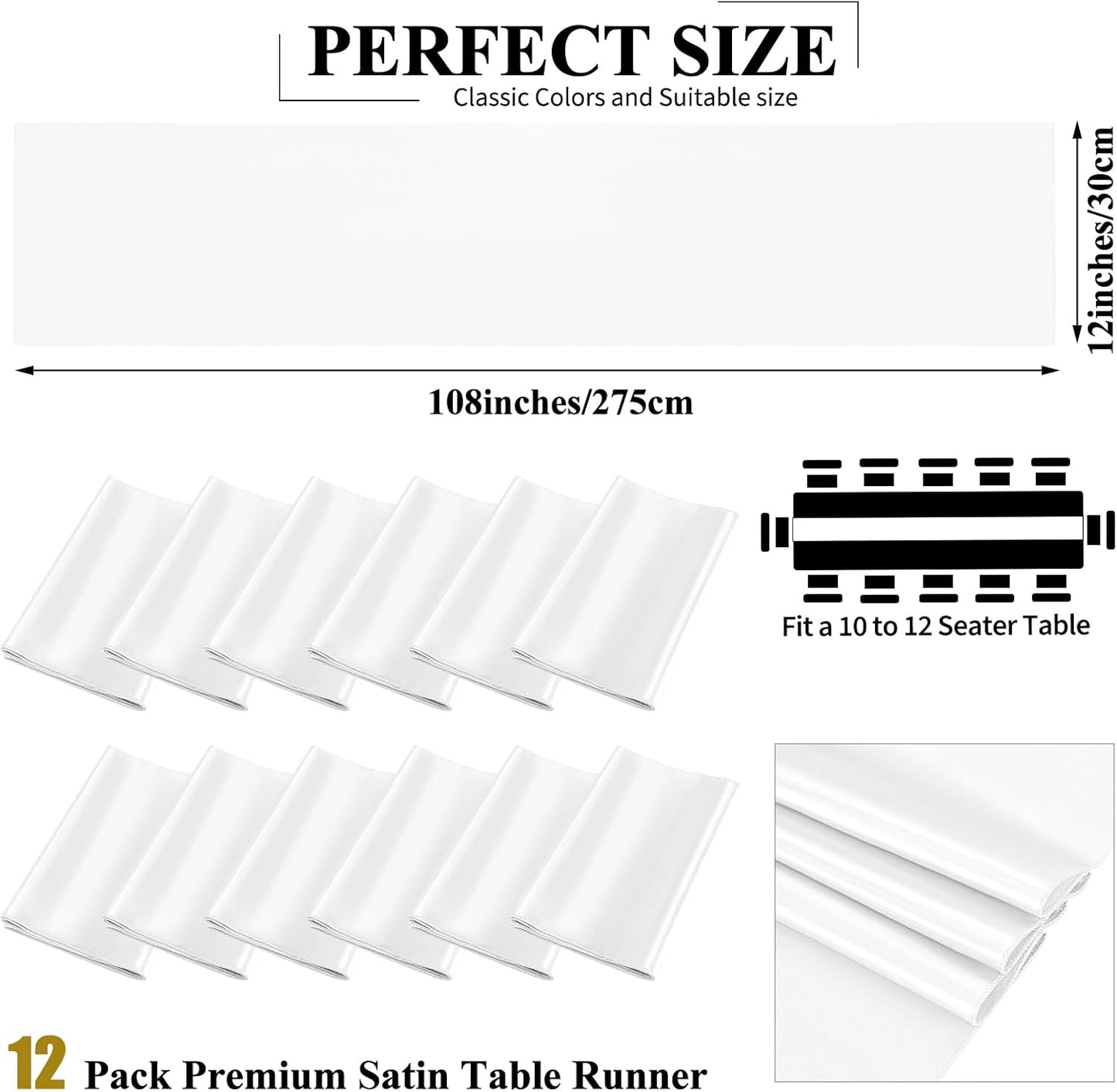 12 Pack White Satin Table Runner 12 x 108 inch Long Premium Smooth Table Runner for Wedding, Banquets, Birthday, Party, Graduation, Engagements,Table Runners fit Rectangle and Round Table