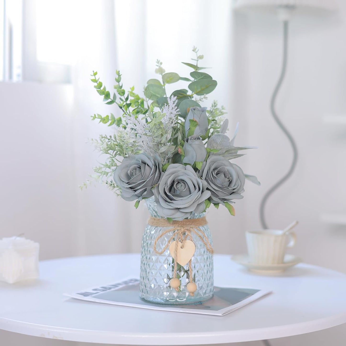 Faux Flowers with Vase,Artificial Silk Roses in Vase, Fake Plant Eucalyptus Flower Arrangement for Home Office Farmhouse Bathroom Dining Table Centerpiece Decorations Coffee Table Decor (Grey Blue)
