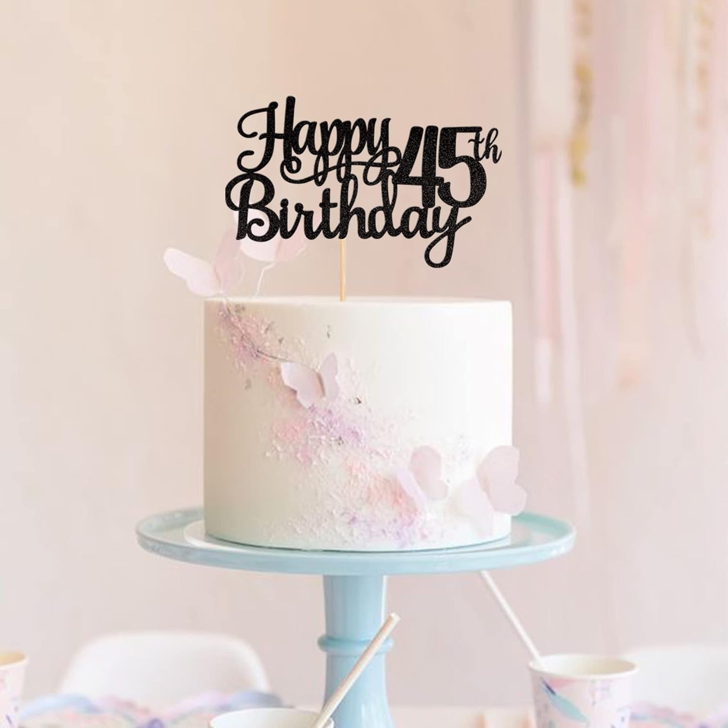 1 PCS Happy 45th Birthday Cake Topper Glitter Cheers to 45 Years Birthday Cake Pick 45 Fabulous Cake Decoration for Happy 45th Birthday Theme Party Decorations Supplies Black