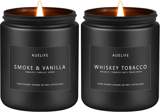 2 Pack Candle | Smoke & Vanilla + Whiskey Tobacco - Candles for Men - Masculine Candle, Soy Candles for Home Scented - Gifts for Men, Home Fragrance Manly Gifts - Each of 7oz