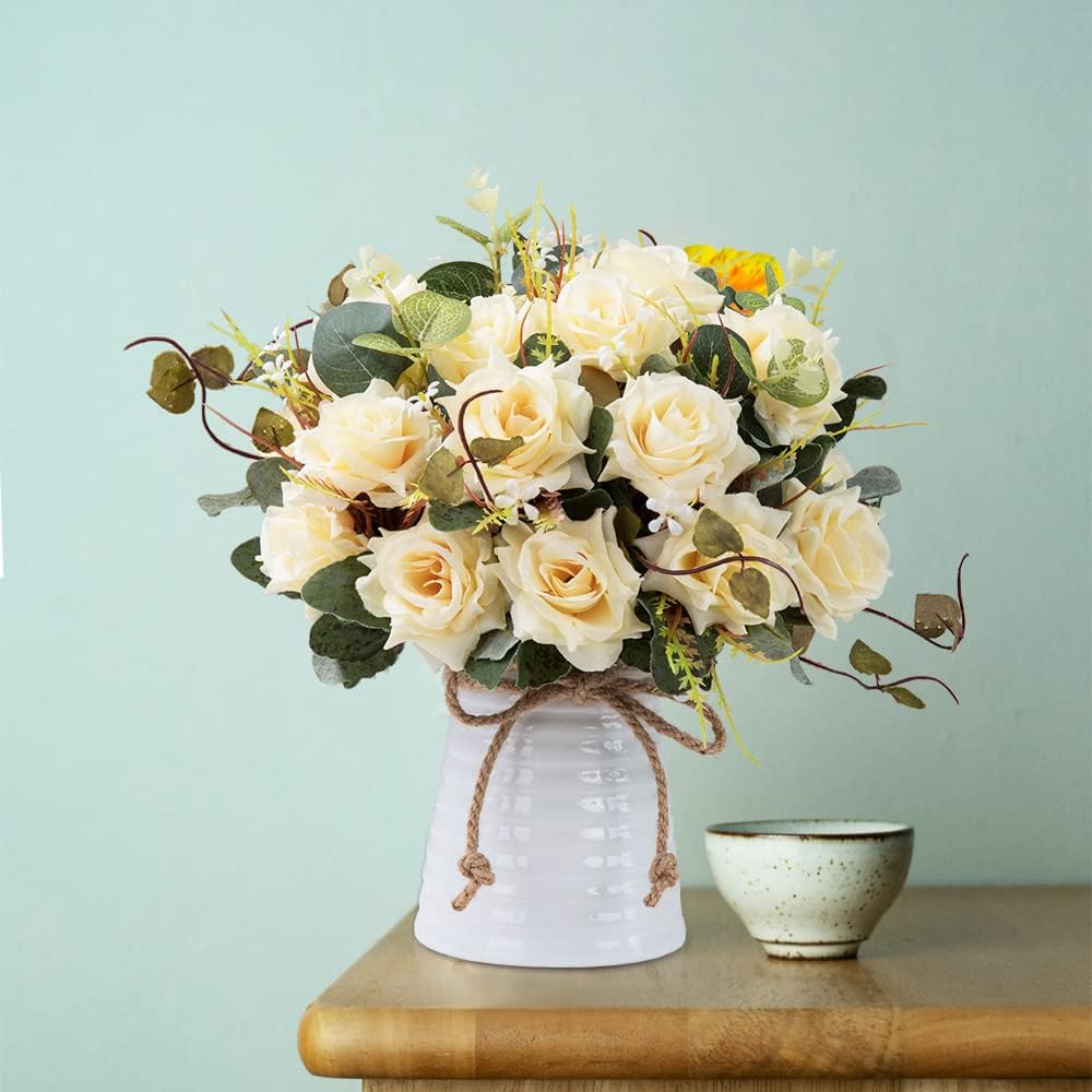 LESING Artificial Rose with Vase, Fake Silk Flowers Bouquets in Vase Table Centerpiece Arrangement for Kitchen Living Room(Champagne-1)