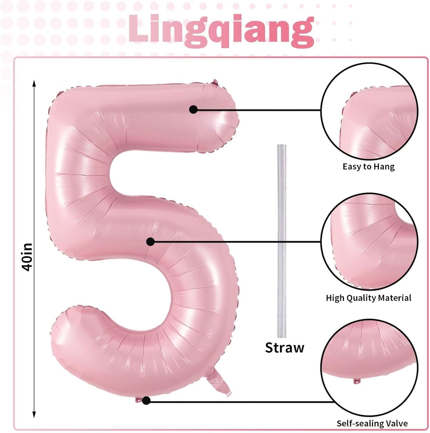 Light Pink Balloon Number 5, 40 Inch Large Self Inflating Foil Number Balloons 0-9, Pastel Pink Digital 5 Helium Balloon for 5th Girls Women Birthday Party Graduation Anniversary Decorations