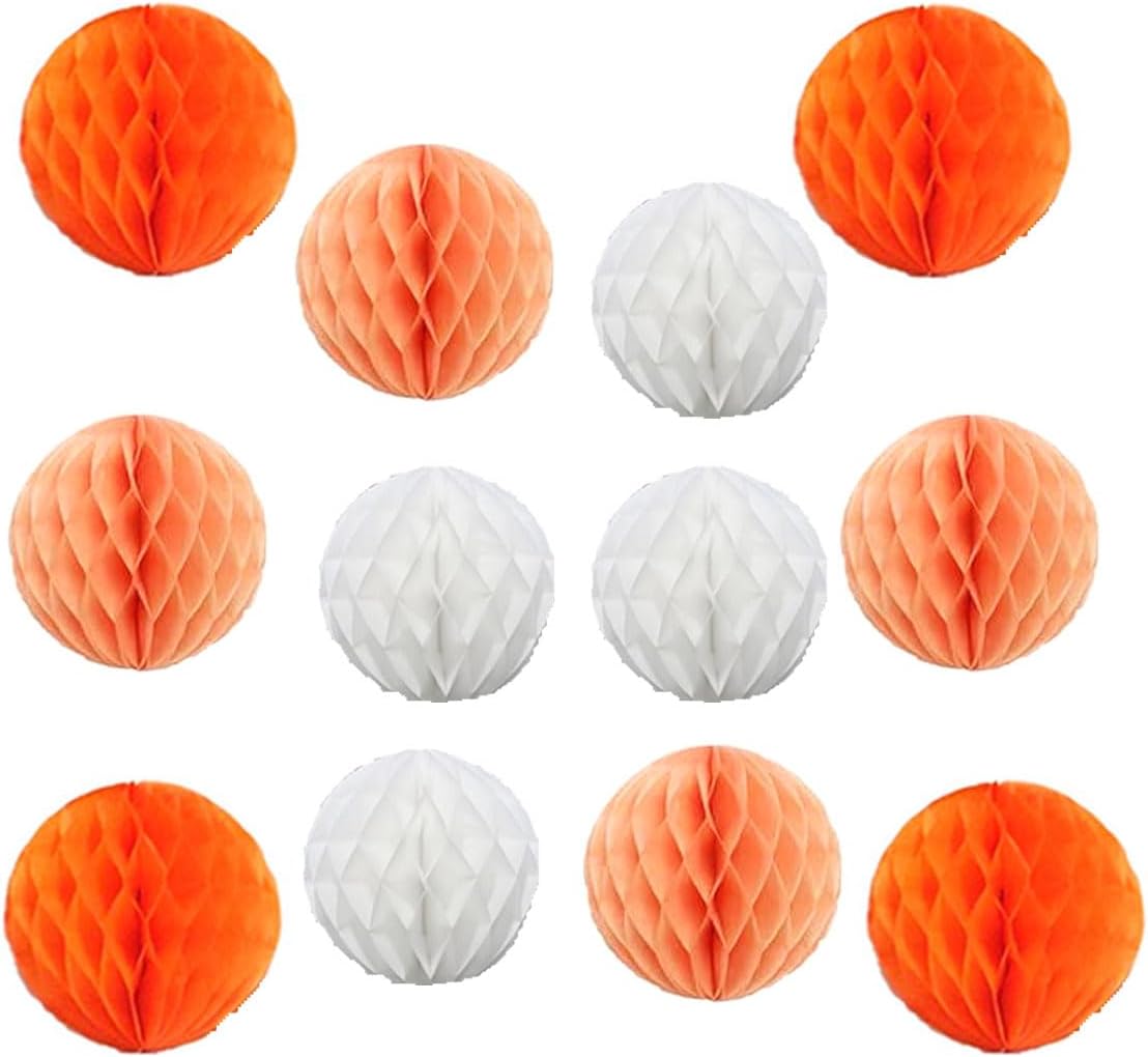 12pcs Party Honeycomb Balls Decorations - 4'' 8'' 10'' Honeycomb Ball Twin Tissue Pom Poms for Baby Shower Birthday Wedding Nursery Decor (Orange Kit)